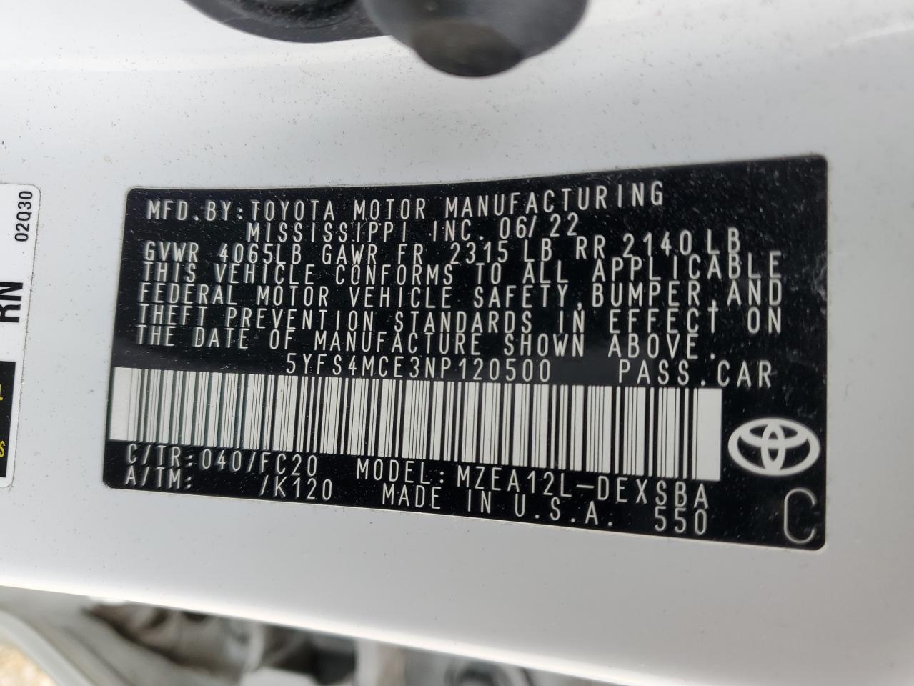 2022 TOYOTA COROLLA SE VIN:5YFS4MCE3NP120500
