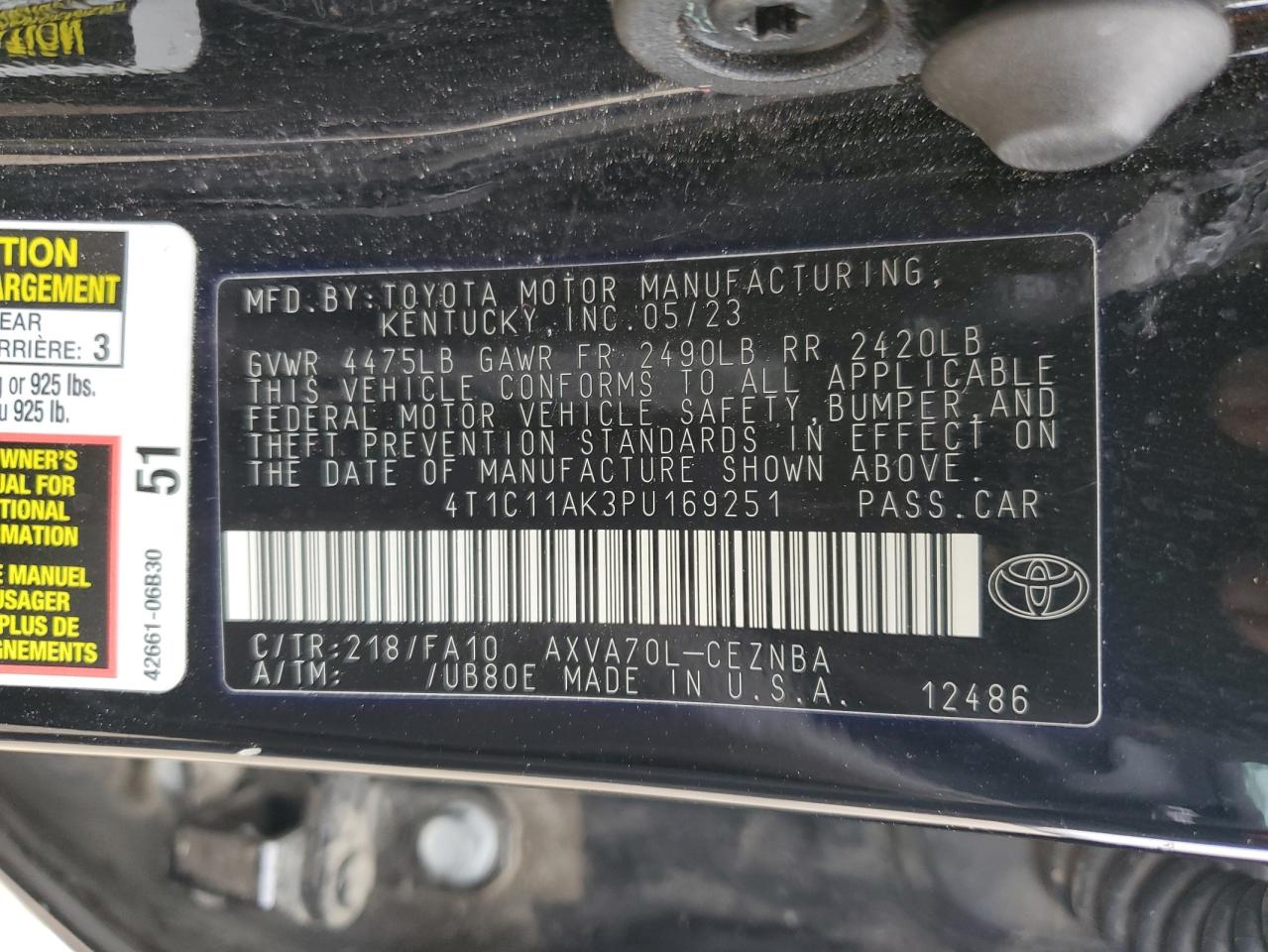 2023 TOYOTA CAMRY LE VIN:4T1C11AK3PU169251