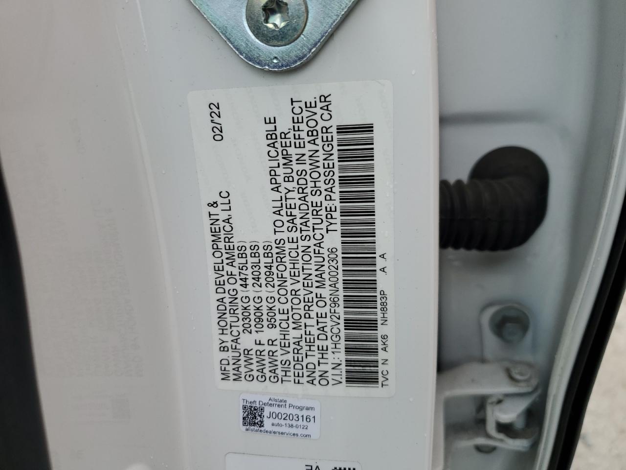 2022 HONDA ACCORD TOURING VIN:1HGCV2F96NA002306