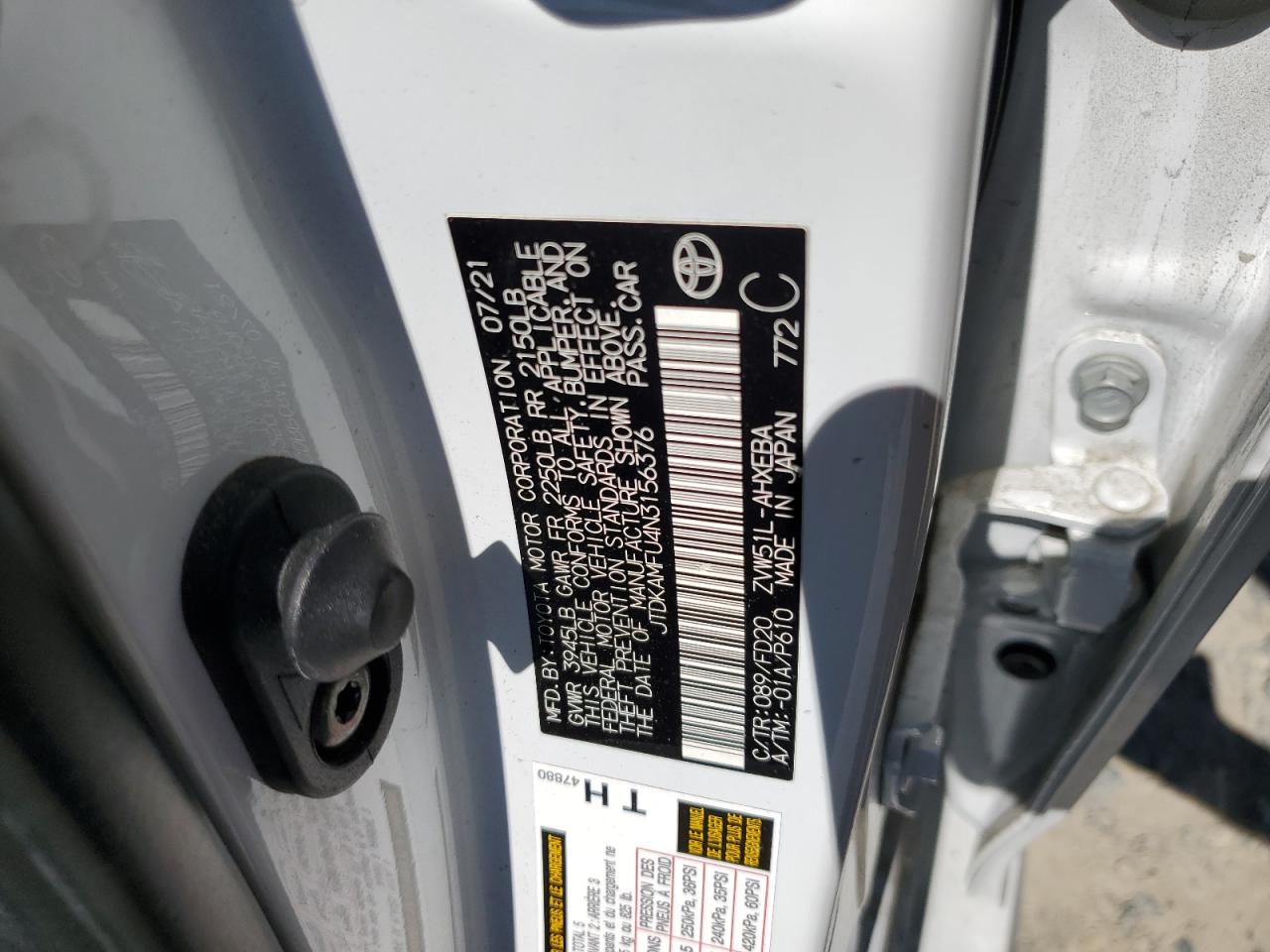 2022 TOYOTA PRIUS NIGHT SHADE VIN:JTDKAMFU4N3156376