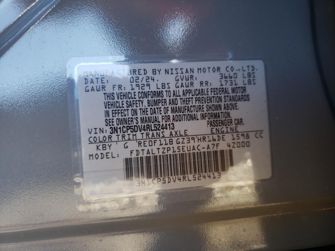 2024 NISSAN KICKS SR VIN:3N1CP5DV4RL524413