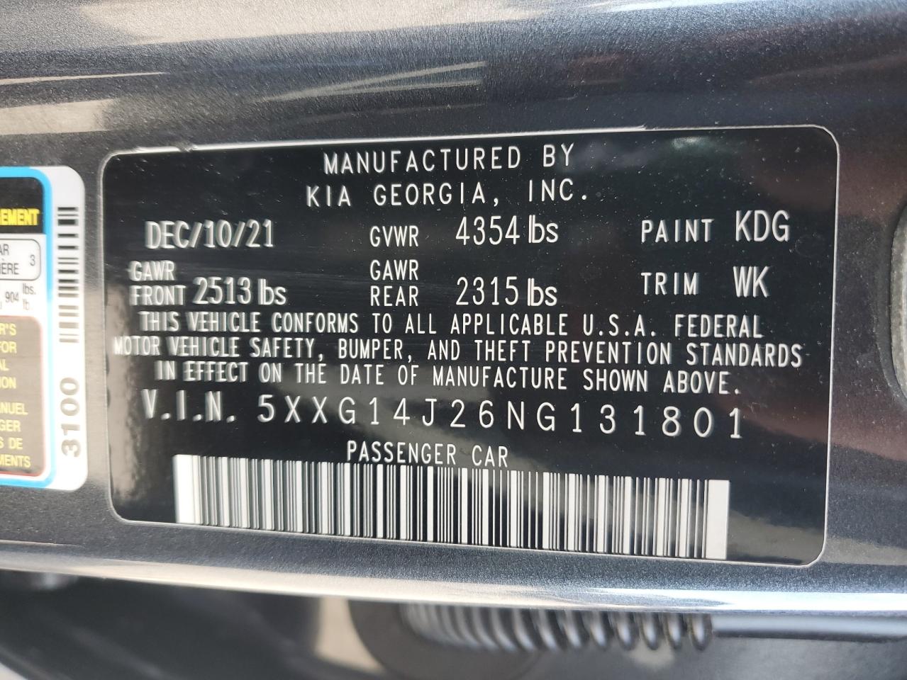 2022 KIA K5 LXS VIN:5XXG14J26NG131801