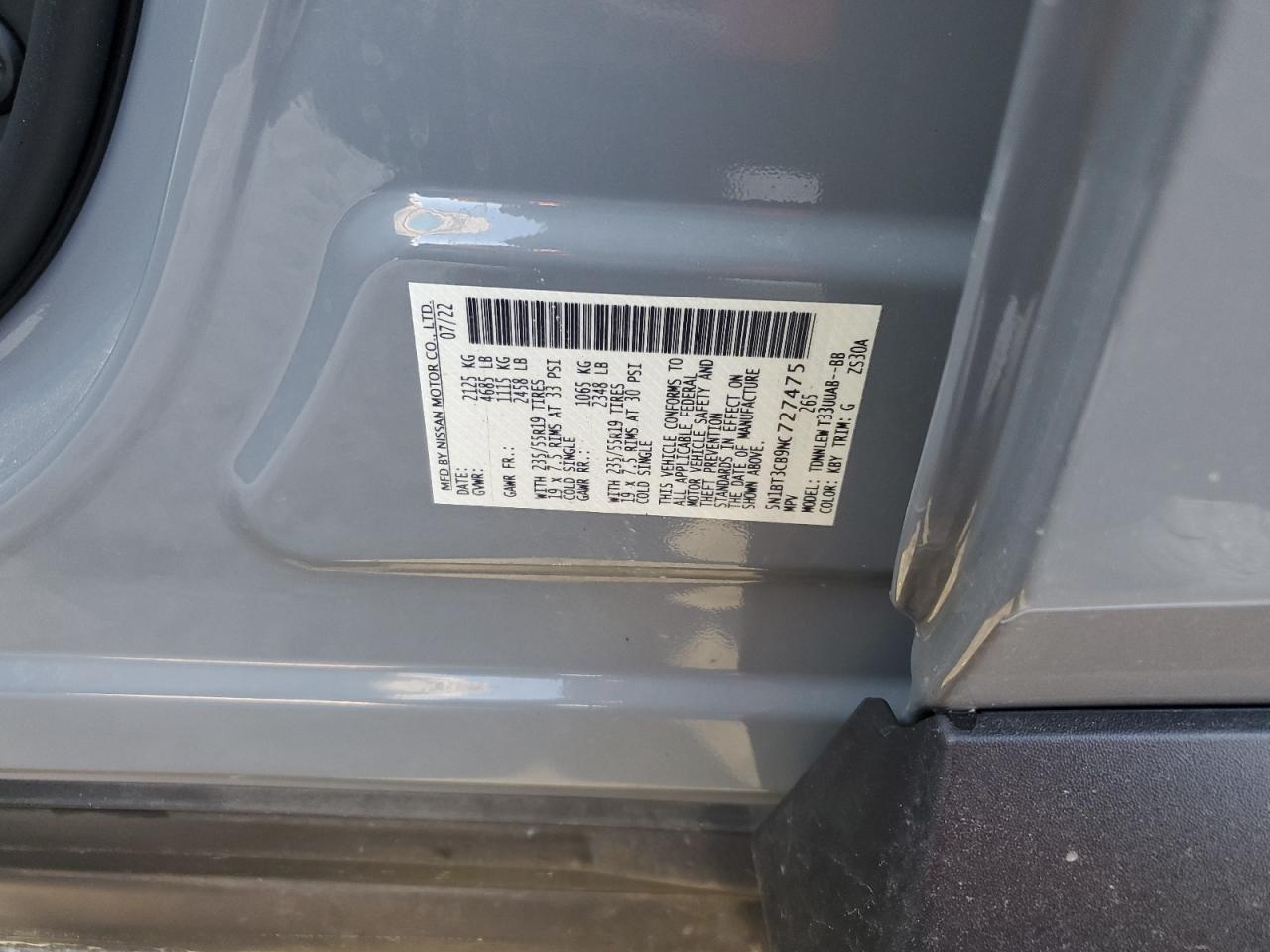 2022 NISSAN ROGUE SL VIN:5N1BT3CB9NC727475