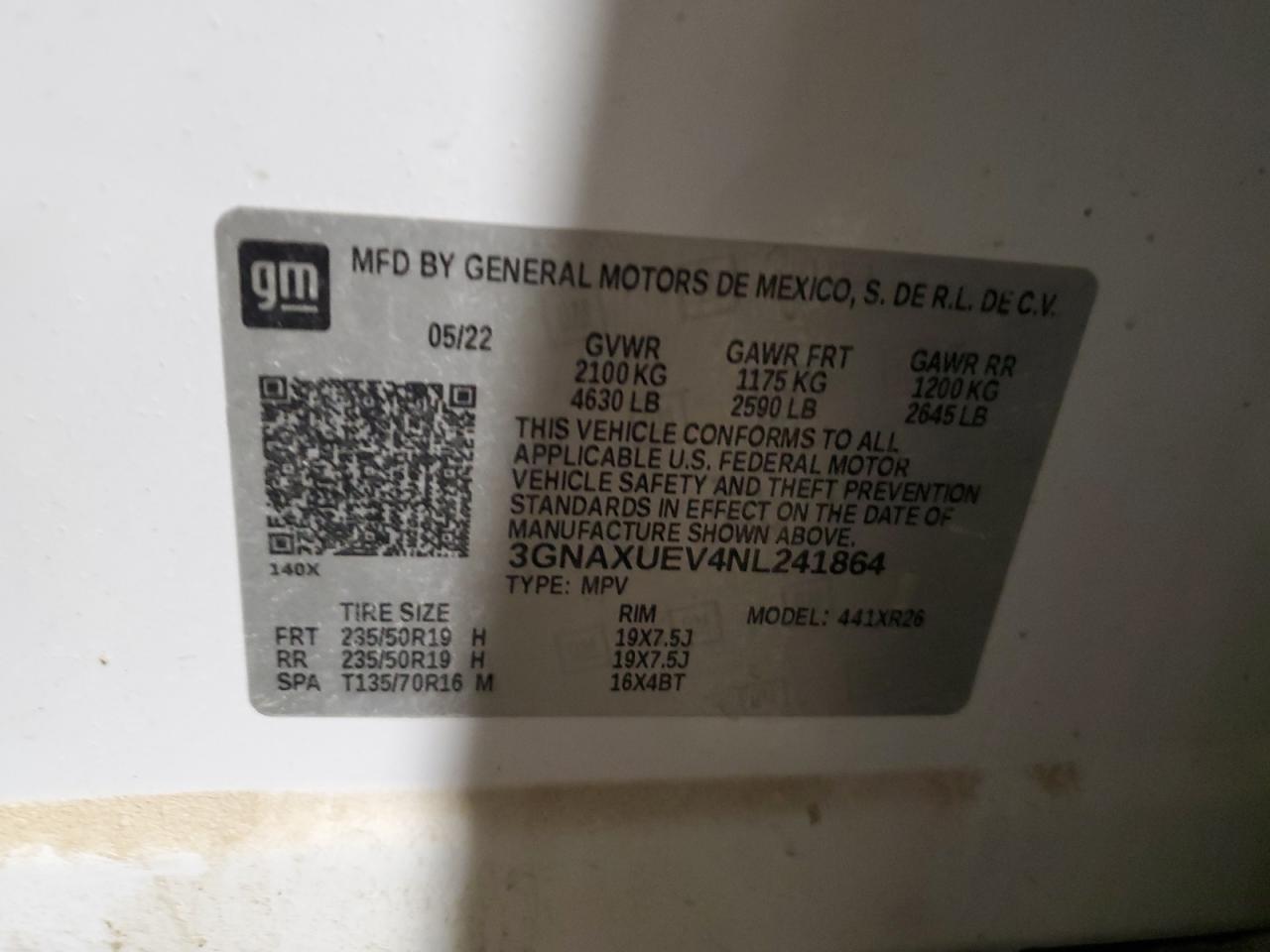 2022 CHEVROLET EQUINOX LT VIN:3GNAXUEV4NL241864