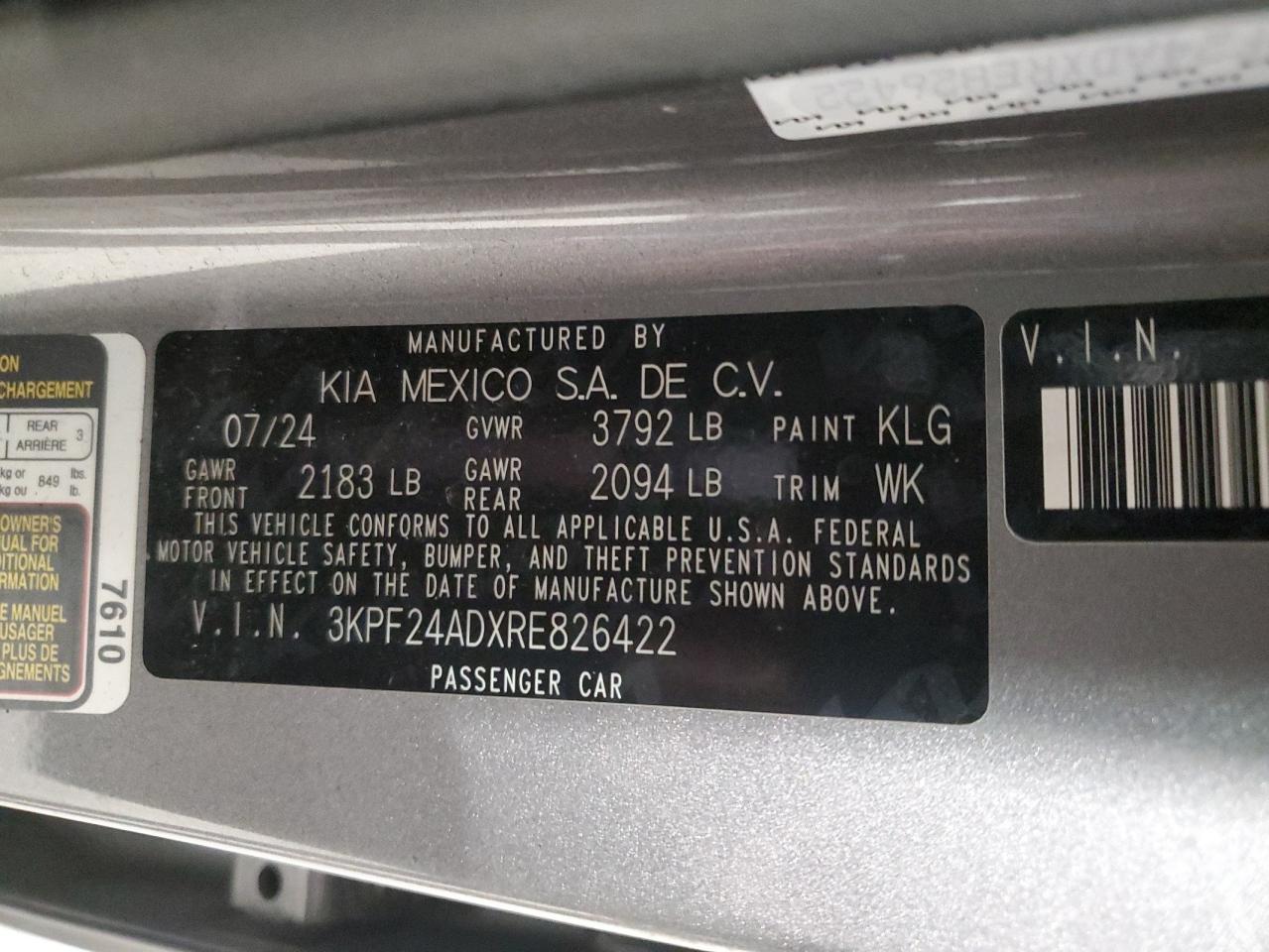 2024 KIA FORTE LX VIN:3KPF24ADXRE826422