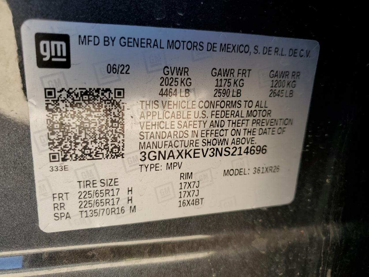 2022 CHEVROLET EQUINOX LT VIN:3GNAXKEV3NS214696