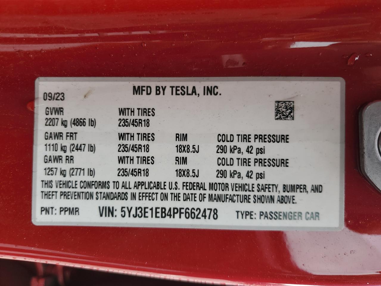 2023 TESLA MODEL 3  VIN:5YJ3E1EB4PF662478