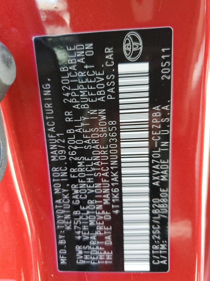 2022 TOYOTA CAMRY XSE VIN:4T1K61AK1NU003658