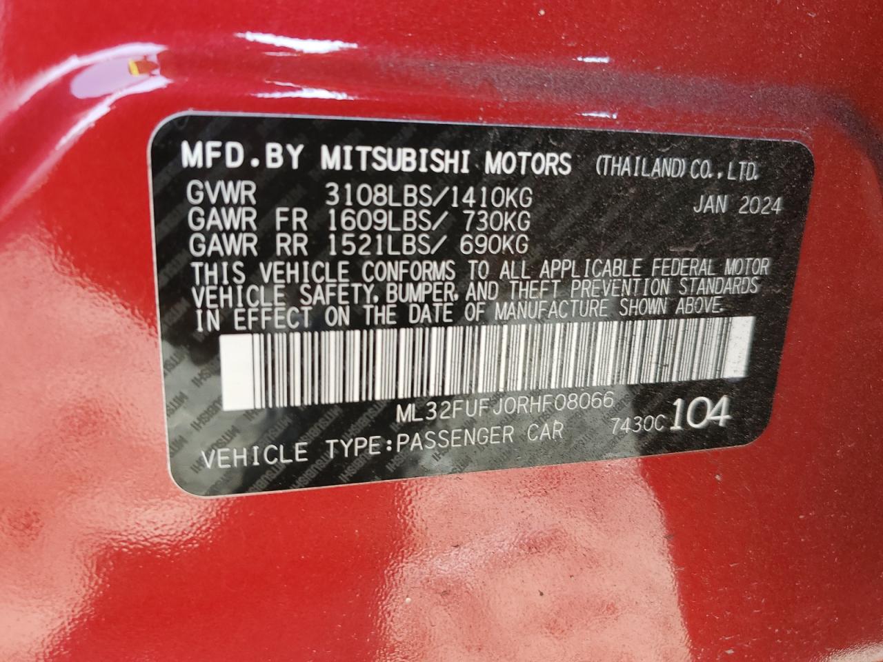 2024 MITSUBISHI MIRAGE G4 ES VIN:ML32FUFJ0RHF08066