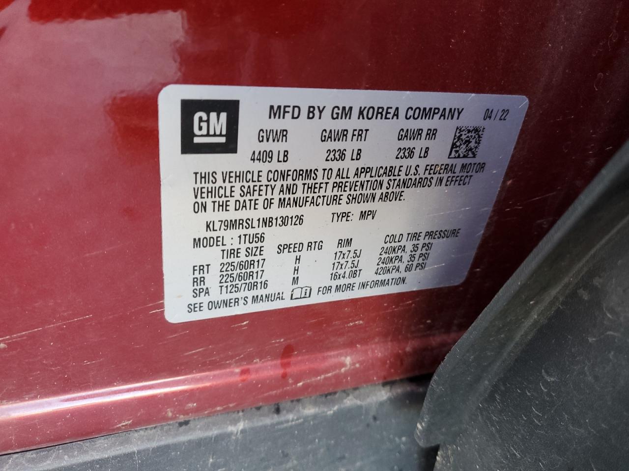 2022 CHEVROLET TRAILBLAZER LT VIN:KL79MRSL1NB130126