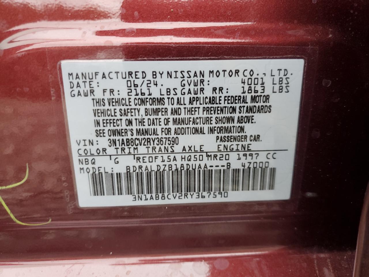 2024 NISSAN SENTRA SV VIN:3N1AB8CV2RY367590