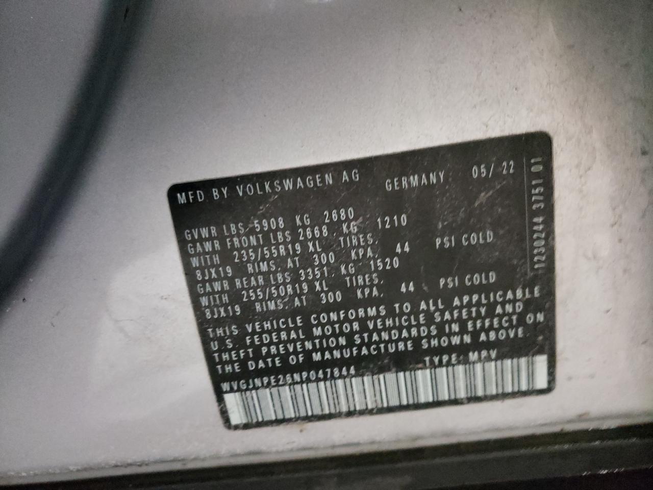 2022 VOLKSWAGEN ID.4 PRO VIN:WVGJNPE26NP047844