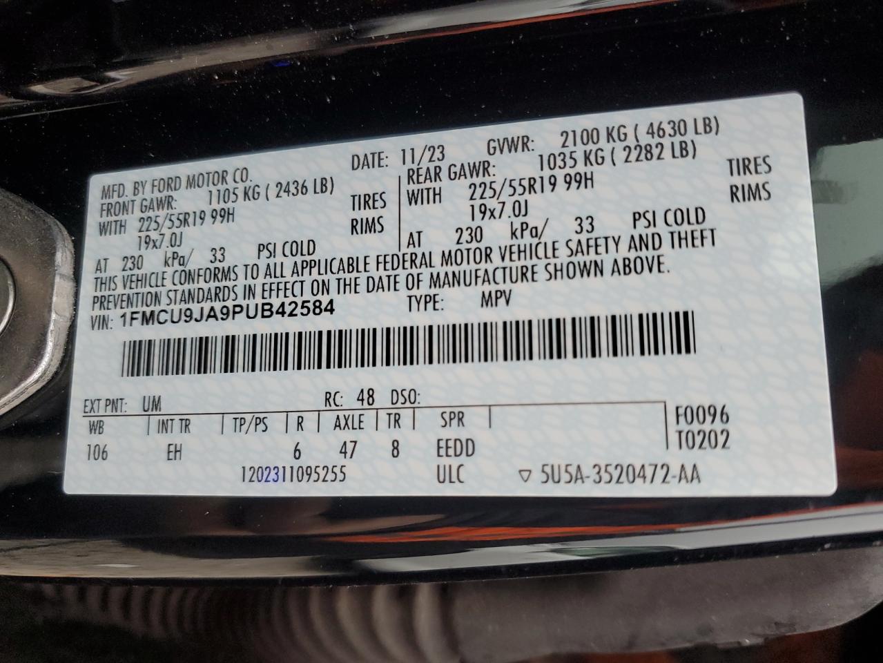 2023 FORD ESCAPE PLATINUM VIN:1FMCU9JA9PUB42584