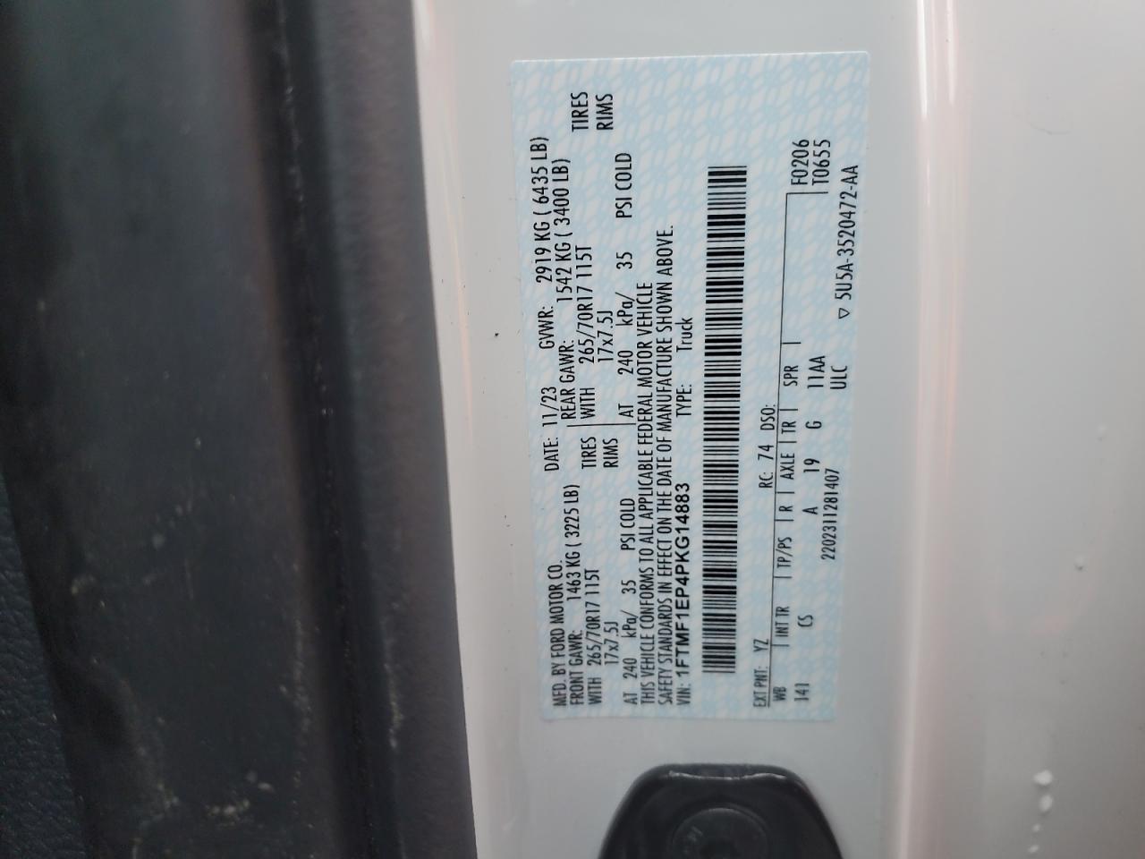 2023 FORD F150  VIN:1FTMF1EP4PKG14883