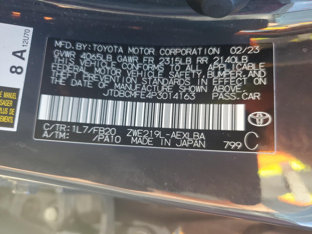 2023 TOYOTA COROLLA LE VIN:JTDBCMFE4P3014163