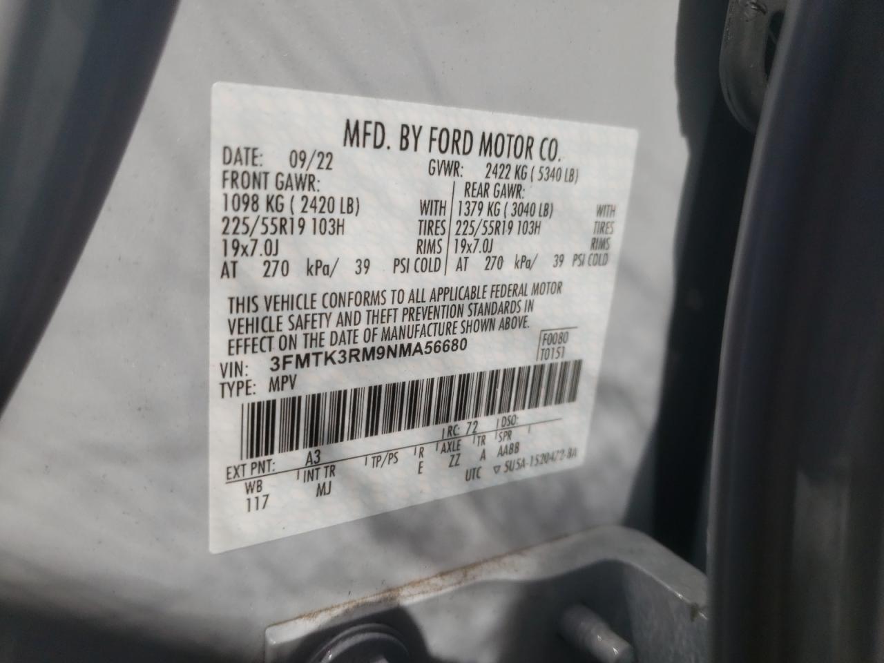 2022 FORD MUSTANG MACH-E PREMIUM VIN:3FMTK3RM9NMA56680