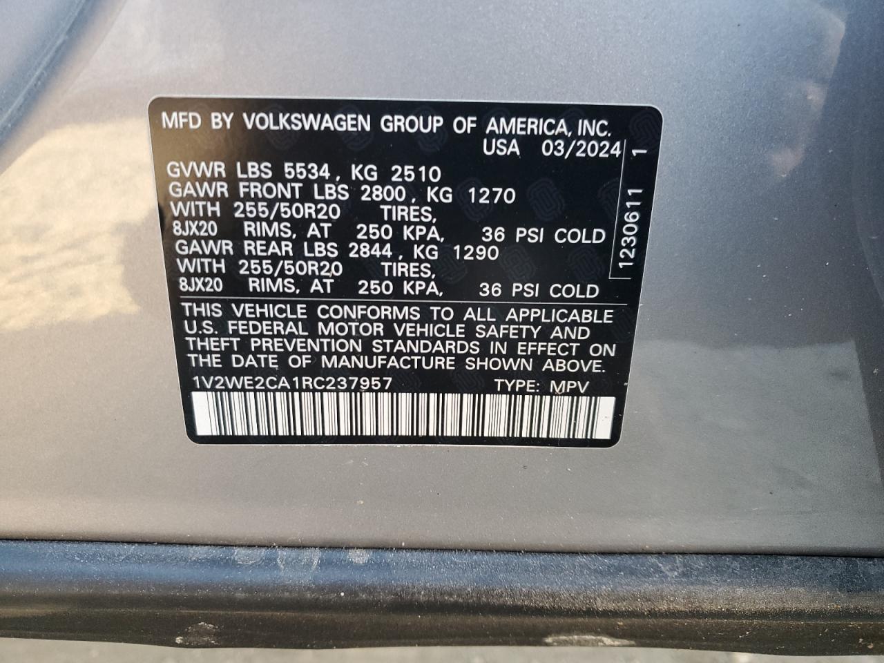 2024 VOLKSWAGEN ATLAS CROSS SPORT SE VIN:1V2WE2CA1RC237957