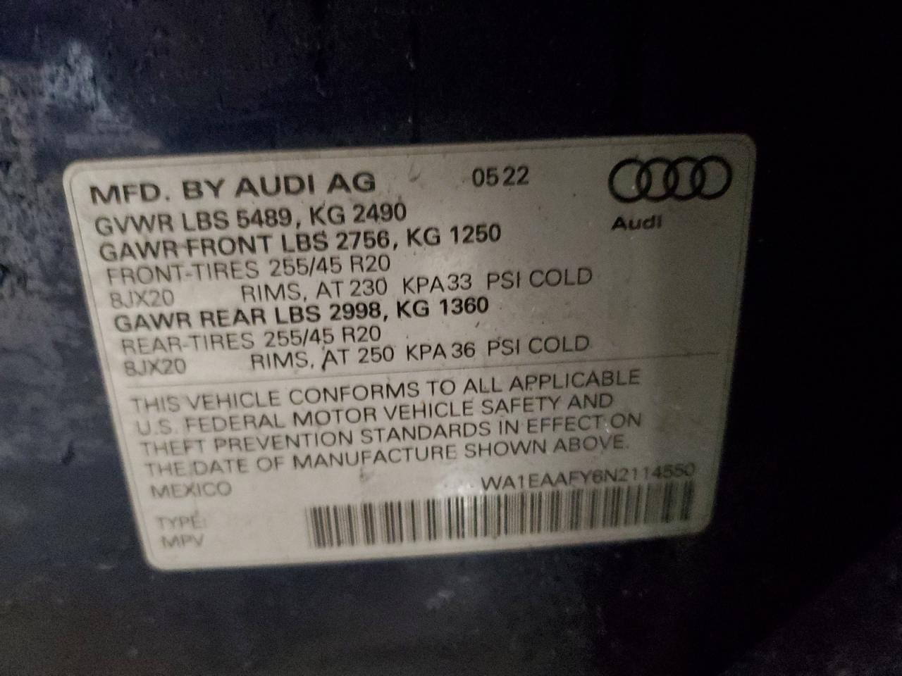 2022 AUDI Q5 PREMIUM PLUS 45 VIN:WA1EAAFY6N2114550