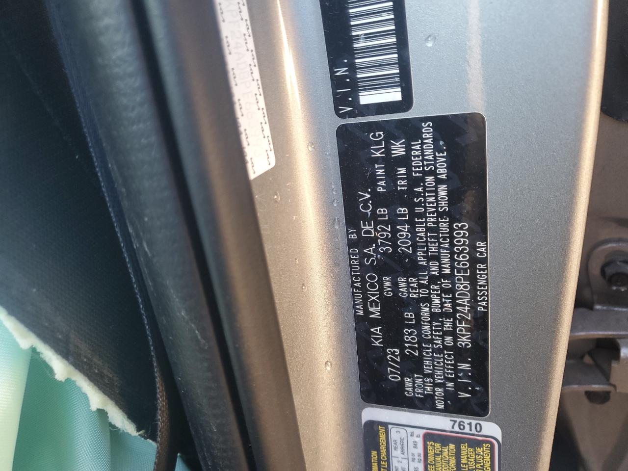 2023 KIA FORTE LX VIN:3KPF24AD8PE663993