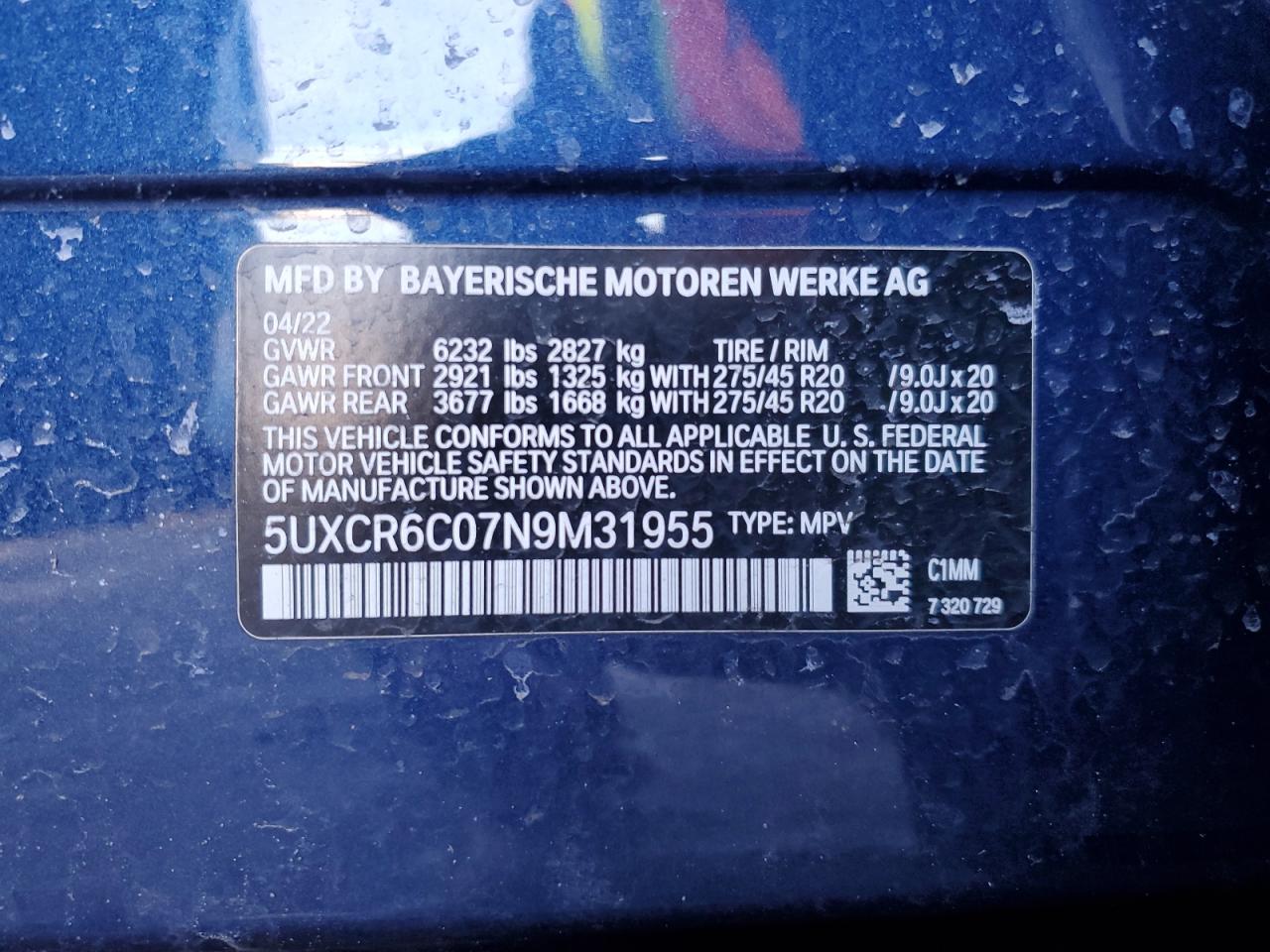 2022 BMW X5 XDRIVE40I VIN:5UXCR6C07N9M31955