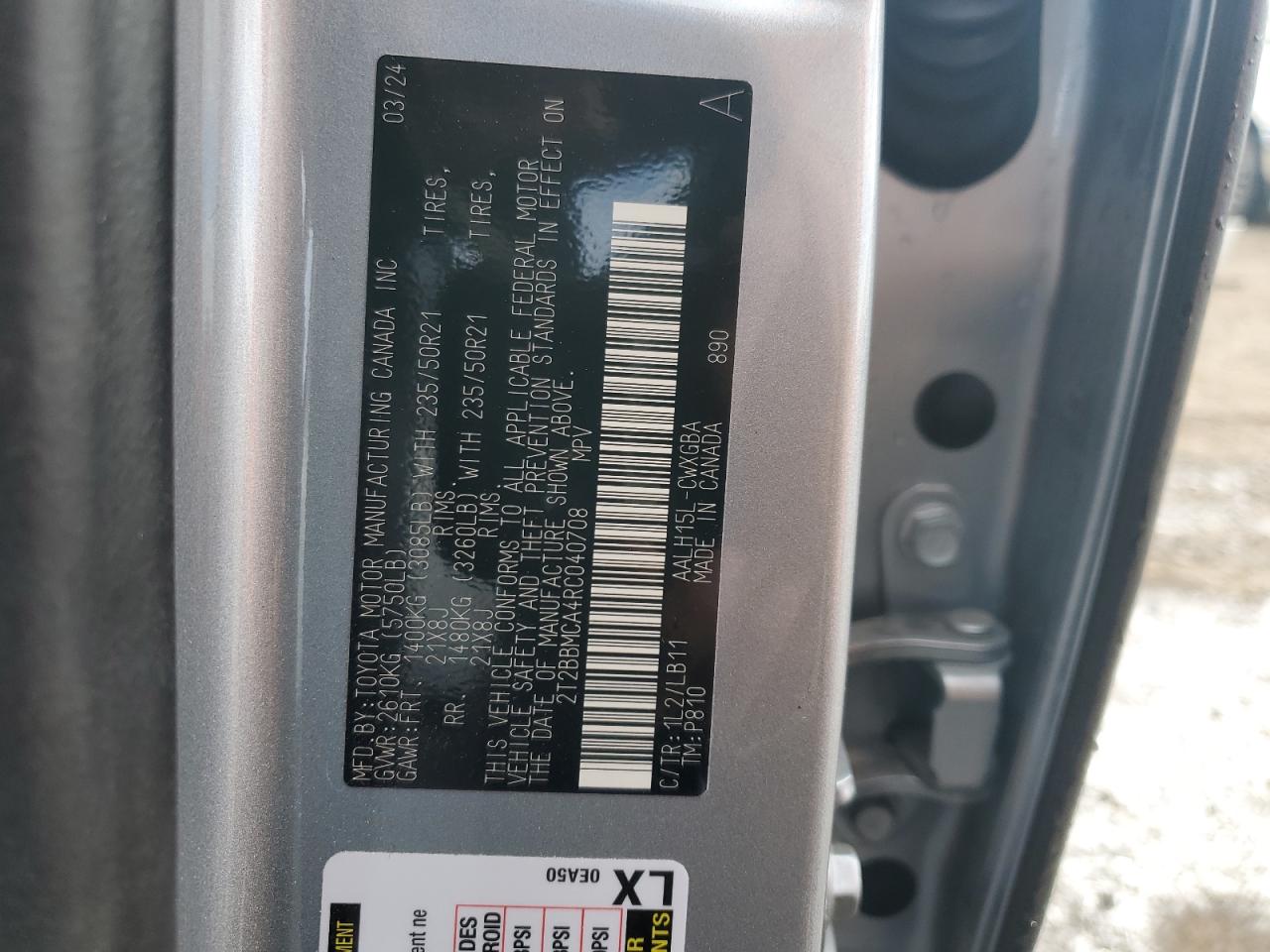 2024 LEXUS RX 350H BASE VIN:2T2BBMCA4RC040708