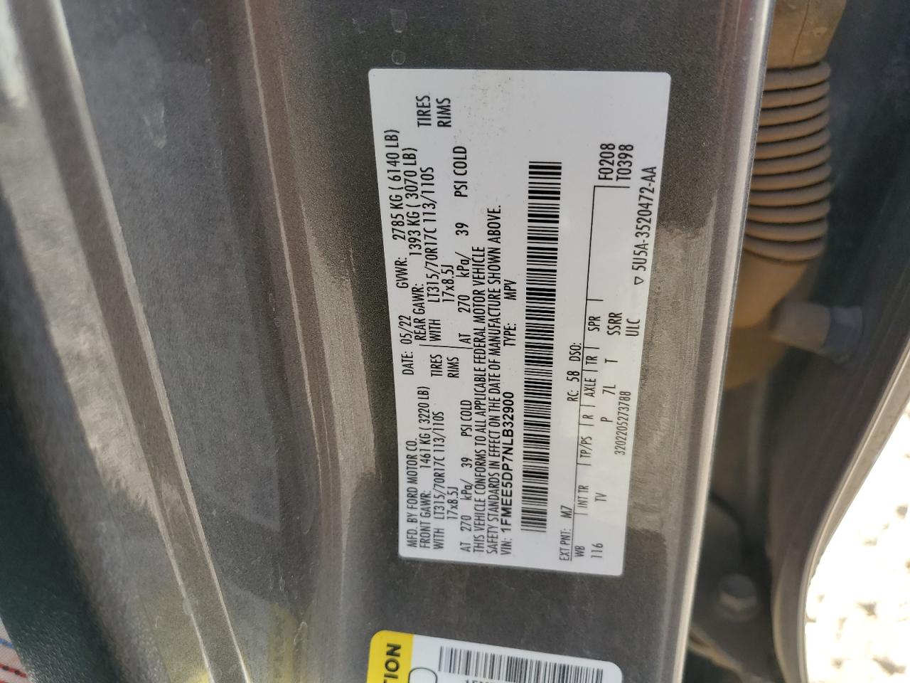 2022 FORD BRONCO BASE VIN:1FMEE5DP7NLB32900