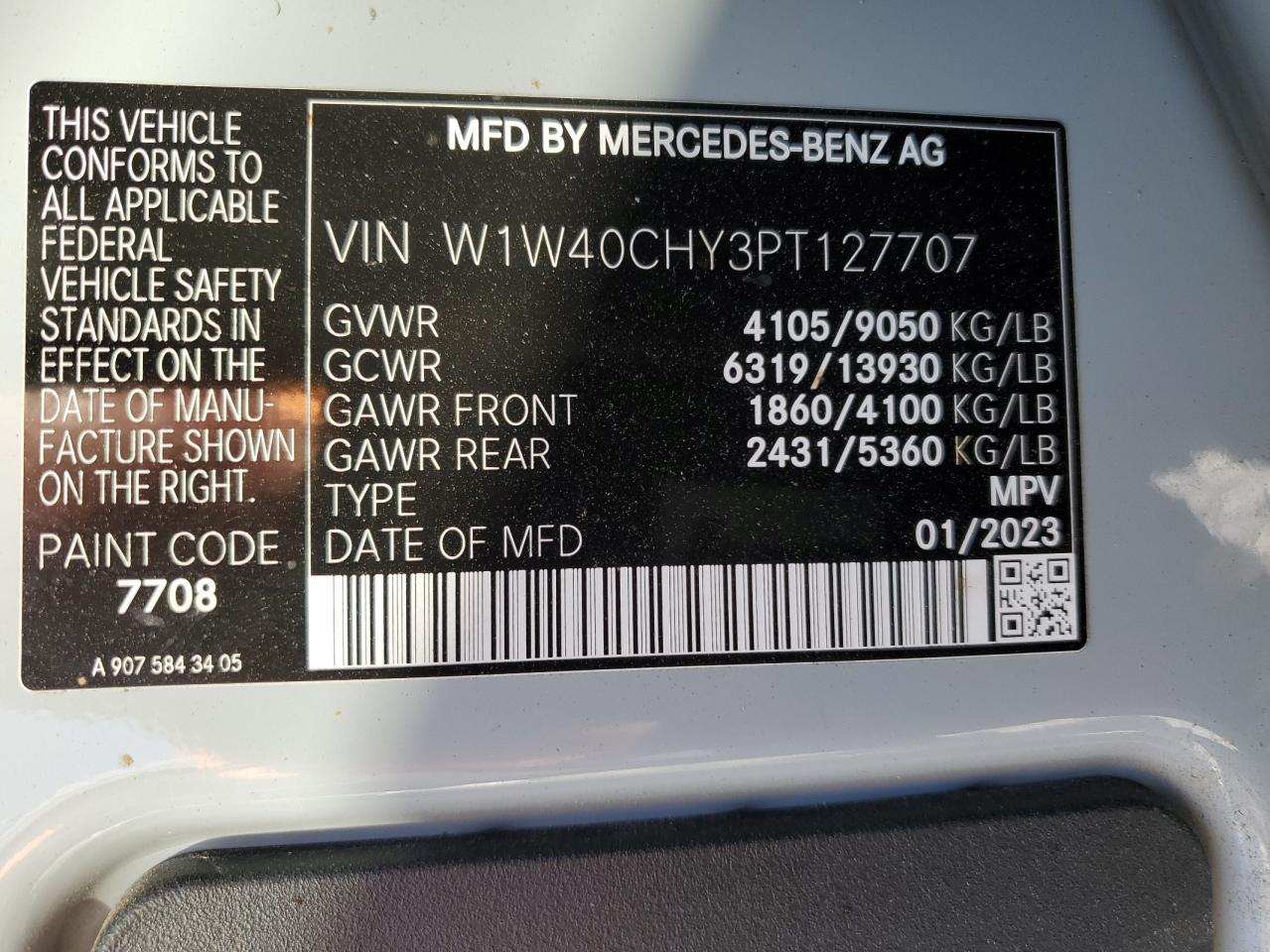 2023 MERCEDES-BENZ SPRINTER 2500 VIN:W1W40CHY3PT127707