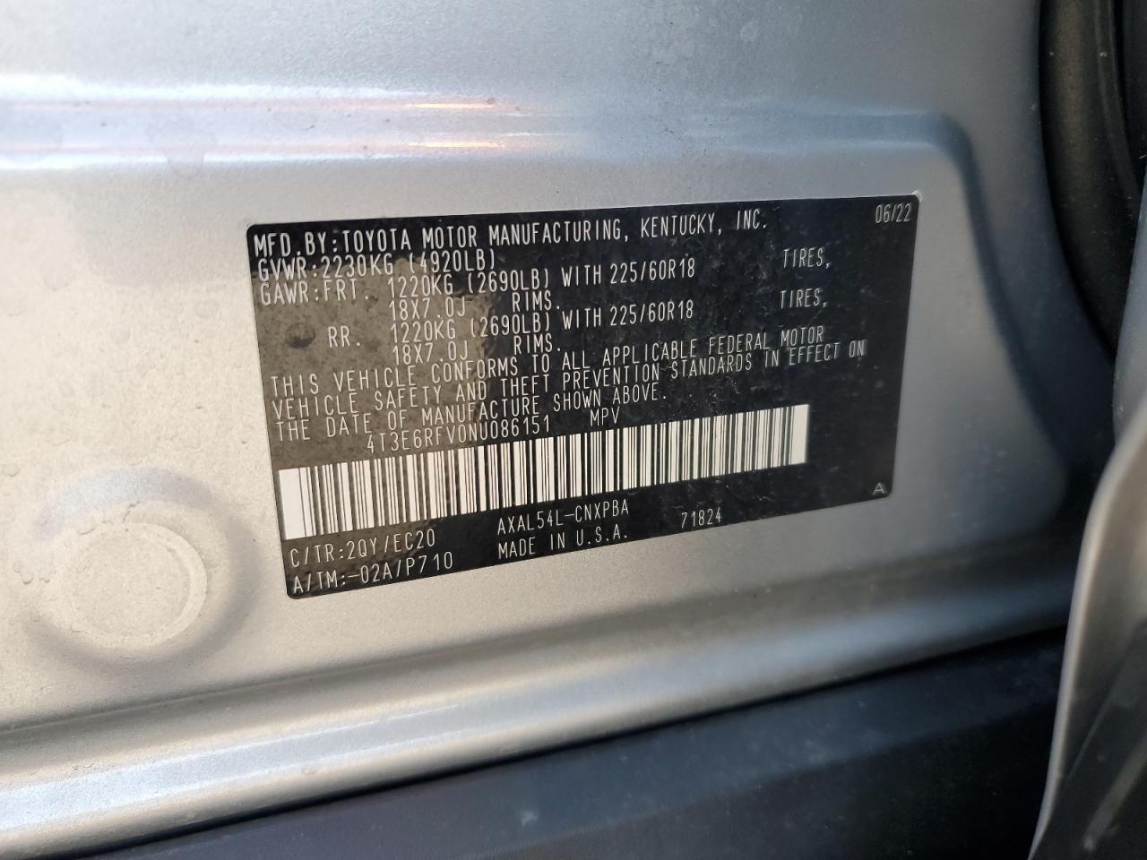 2022 TOYOTA RAV4 XSE VIN:4T3E6RFV0NU086151