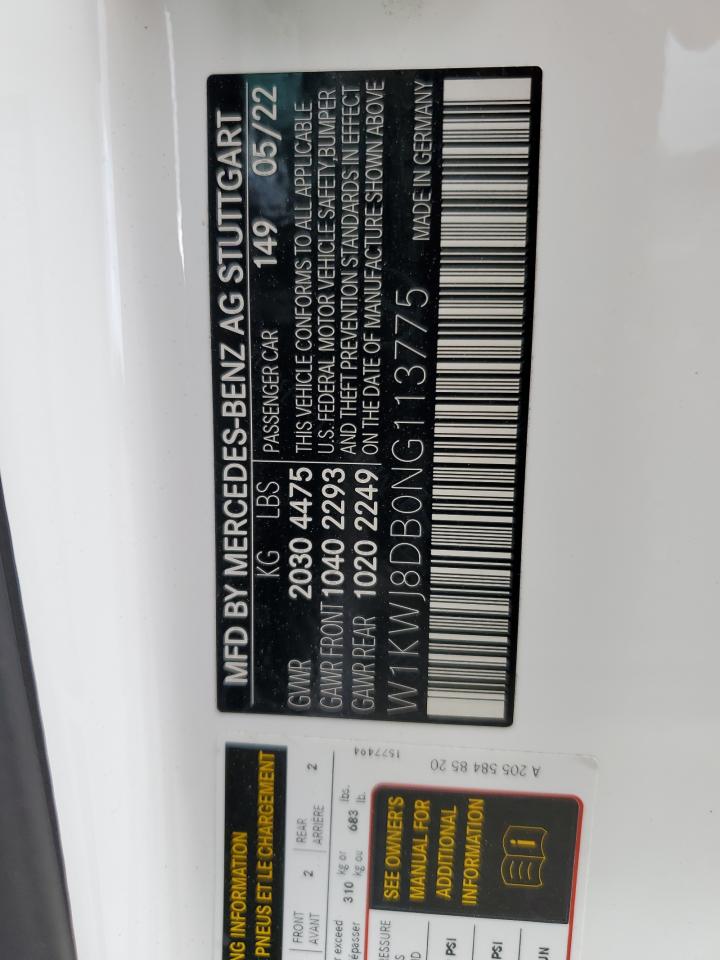 2022 MERCEDES-BENZ C 300 VIN:W1KWJ8DB0NG113775