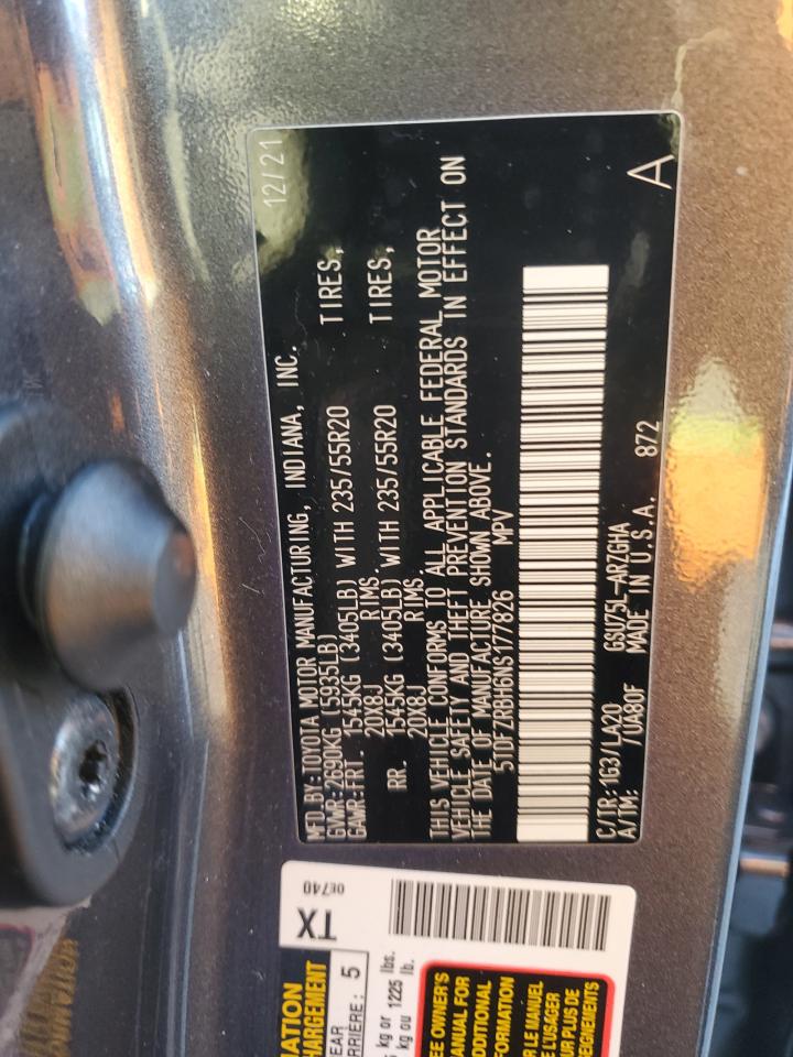 2022 TOYOTA HIGHLANDER PLATINUM VIN:5TDFZRBH6NS177826