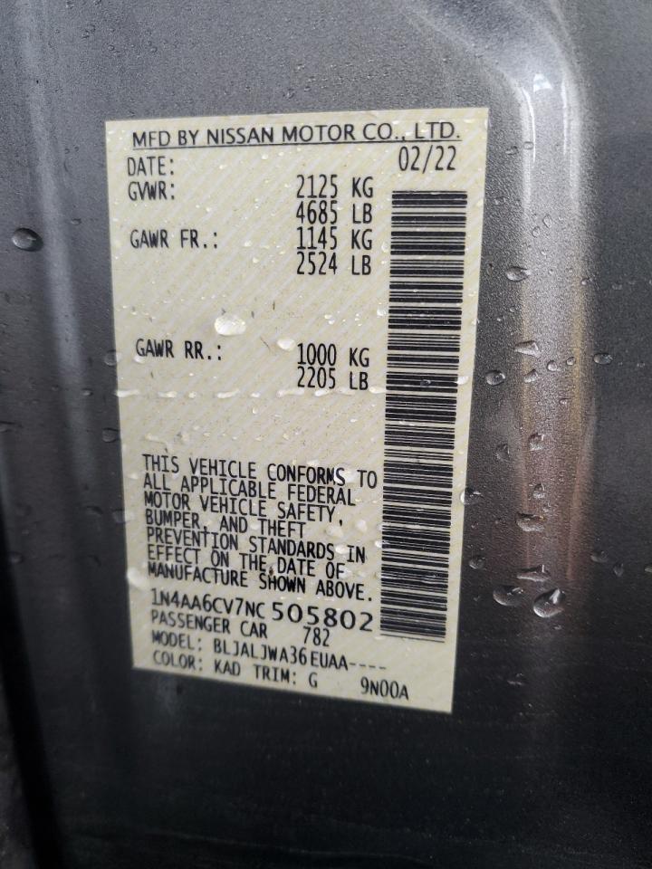 2022 NISSAN MAXIMA SV VIN:1N4AA6CV7NC505802