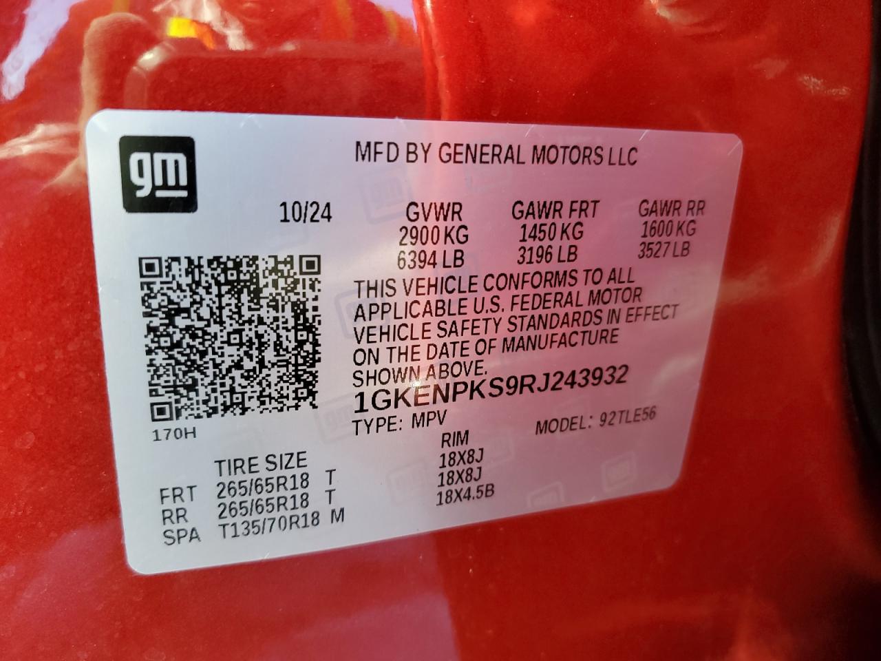 2024 GMC ACADIA AT4 VIN:1GKENPKS9RJ243932
