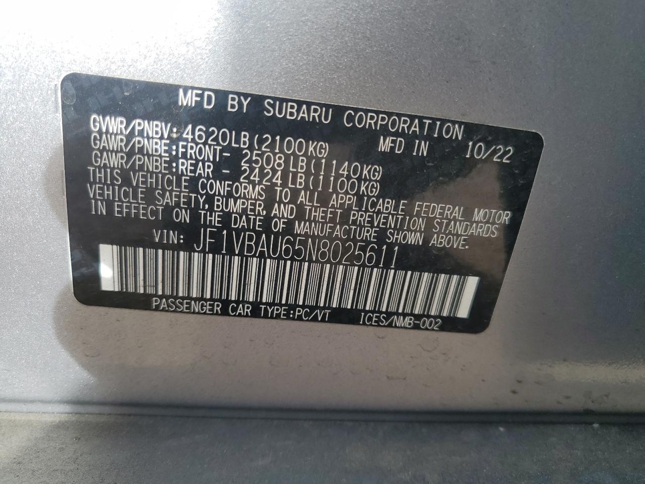 2022 SUBARU WRX GT VIN:JF1VBAU65N8025611