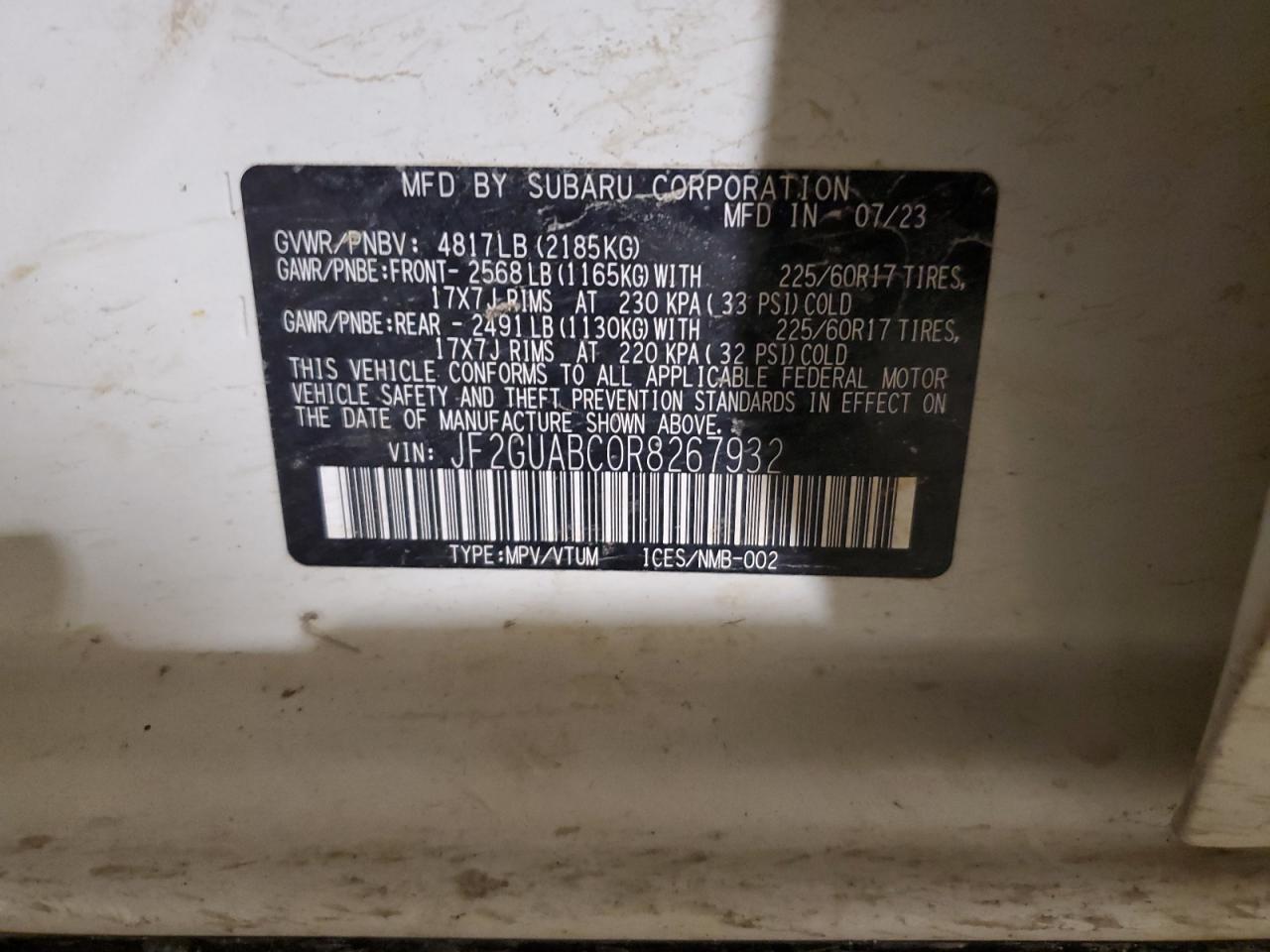 2024 SUBARU CROSSTREK  VIN:JF2GUABC0R8267932