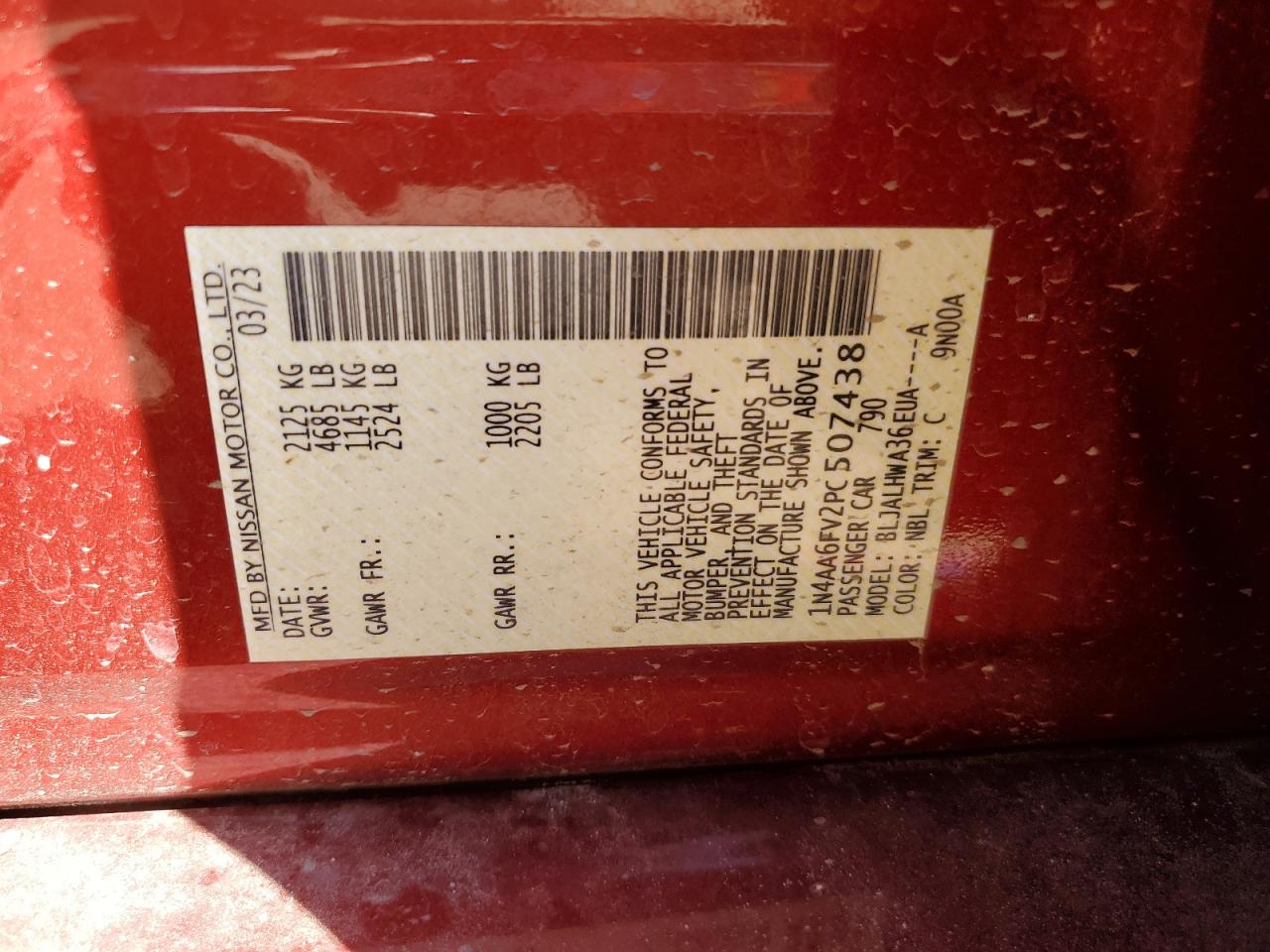 2023 NISSAN MAXIMA PLATINUM VIN:1N4AA6FV2PC507438