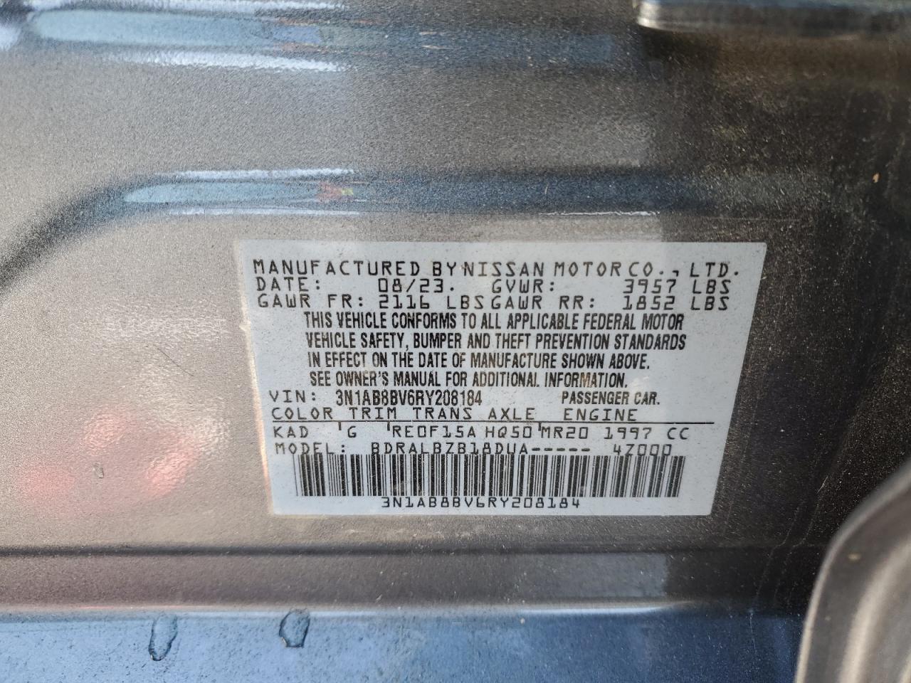 2024 NISSAN SENTRA S VIN:3N1AB8BV6RY208184