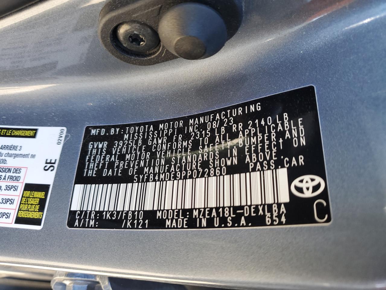 2023 TOYOTA COROLLA LE VIN:5YFB4MDE9PP072860