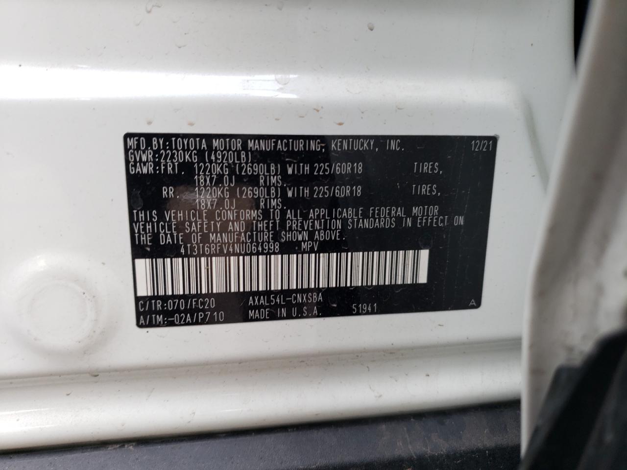 2022 TOYOTA RAV4 SE VIN:4T3T6RFV4NU064998