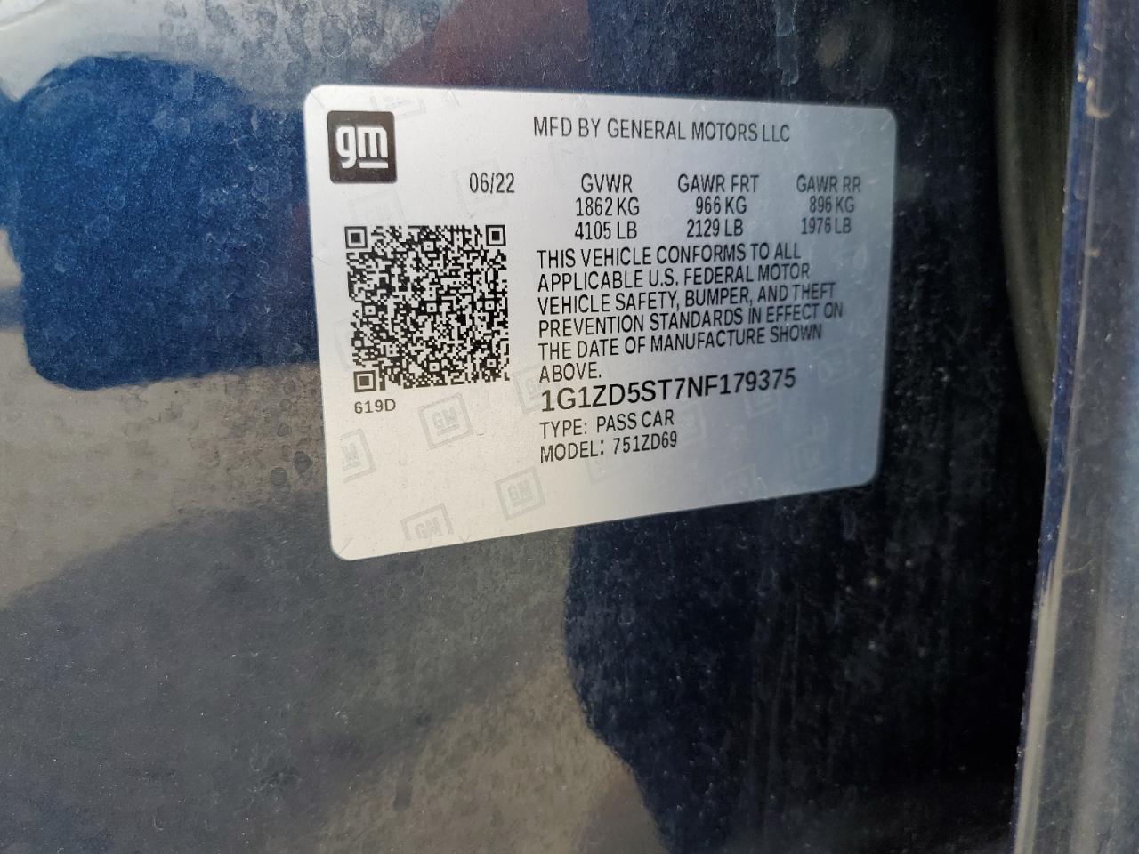 2022 CHEVROLET MALIBU LT VIN:1G1ZD5ST7NF179375