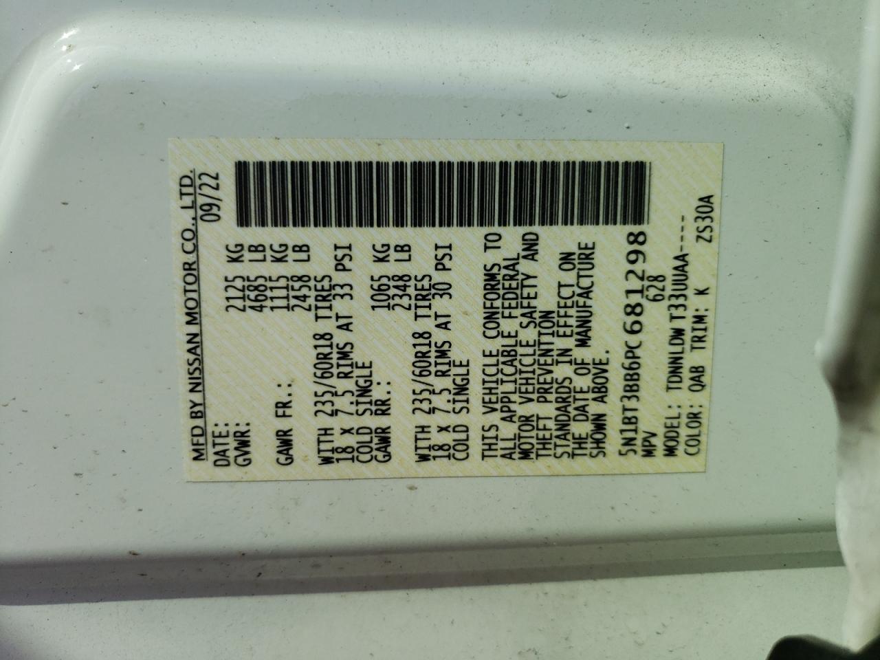 2023 NISSAN ROGUE SV VIN:5N1BT3BB6PC681298