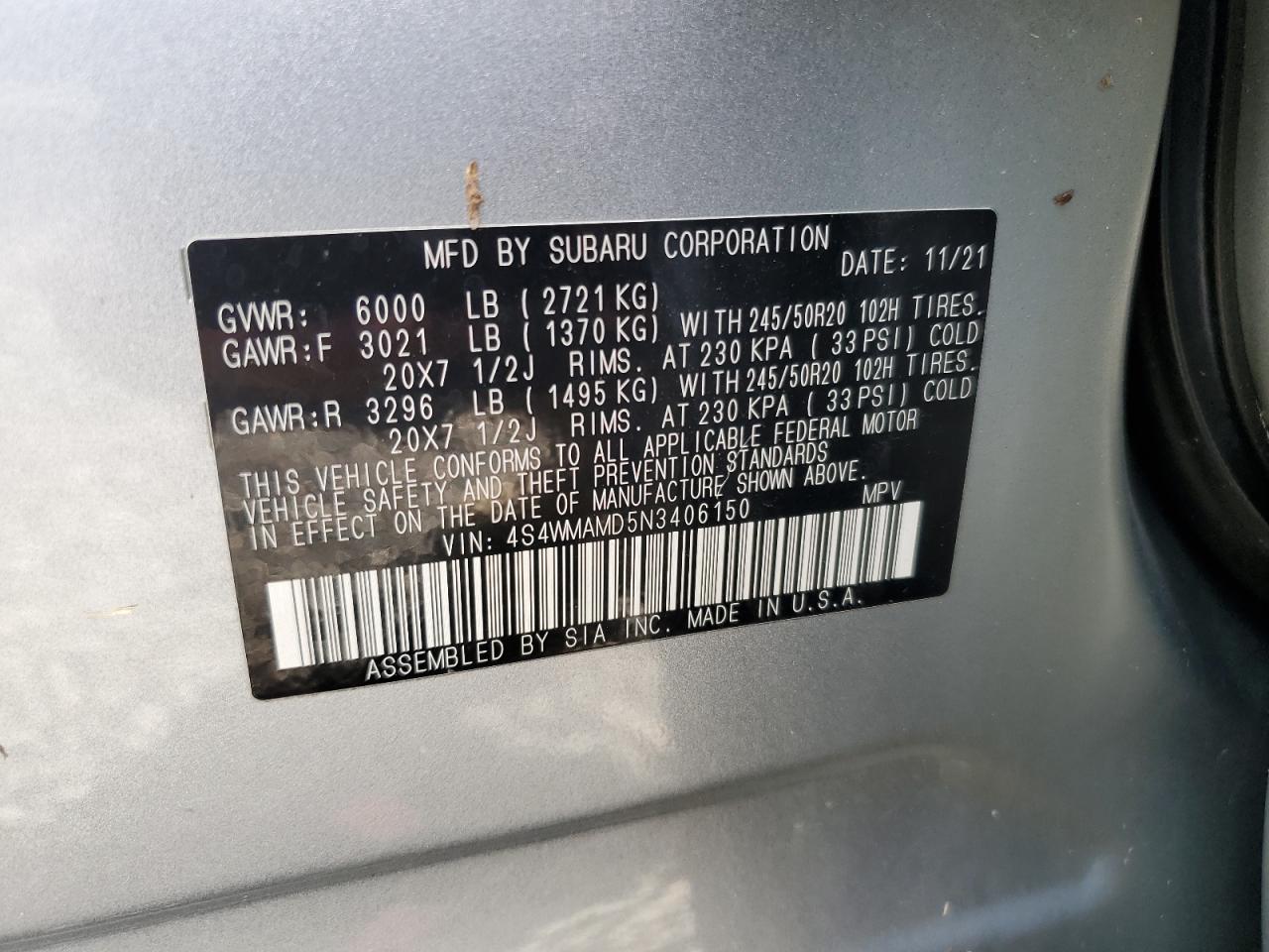 2022 SUBARU ASCENT LIMITED VIN:4S4WMAMD5N3406150