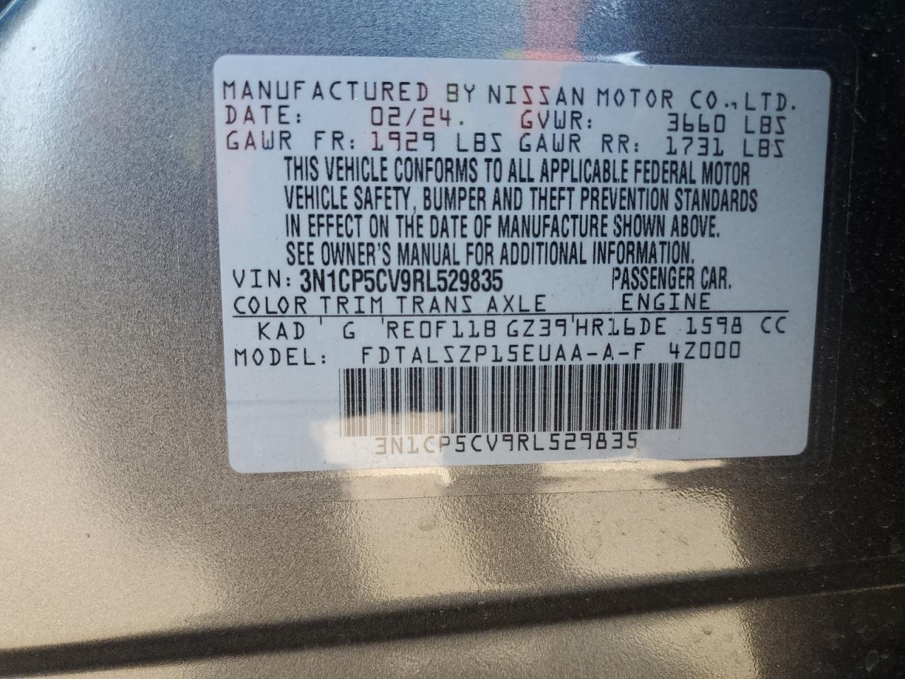 2024 NISSAN KICKS SV VIN:3N1CP5CV9RL529835