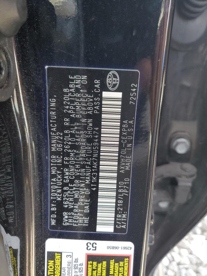 2022 TOYOTA CAMRY XSE VIN:4T1K31AK7NU594474