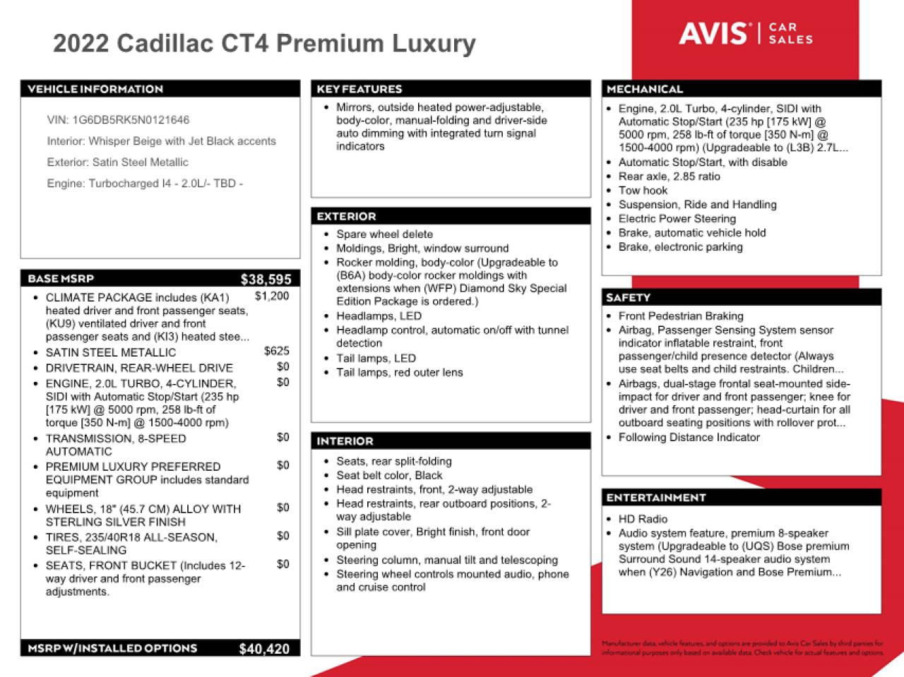 2022 CADILLAC CT4 PREMIUM LUXURY VIN:1G6DB5RK5N0121646