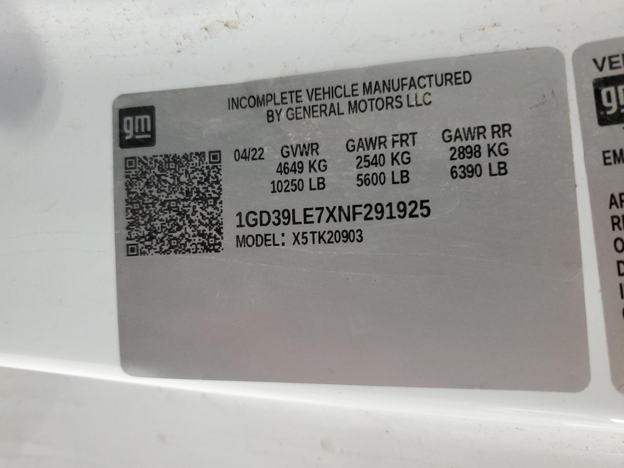 2022 GMC SIERRA K2500 HEAVY DUTY VIN:1GD39LE7XNF291925