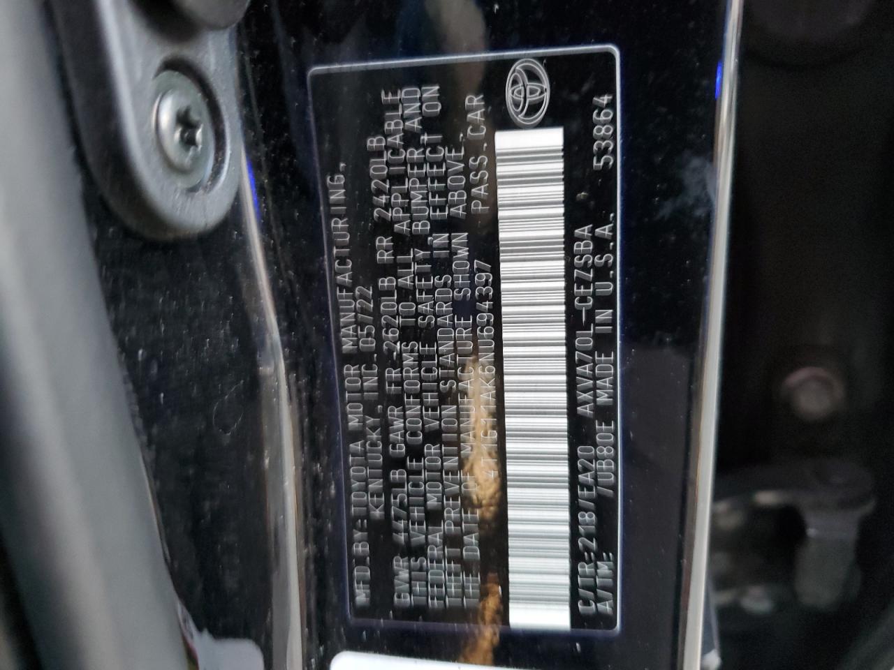 2022 TOYOTA CAMRY SE VIN:4T1G11AK6NU694397