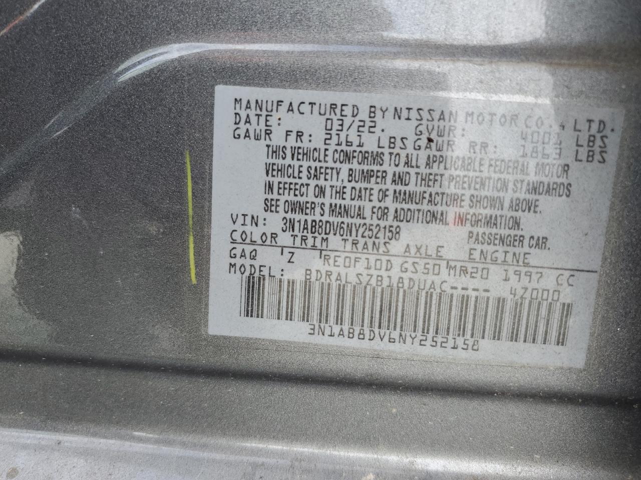 2022 NISSAN SENTRA SR VIN:3N1AB8DV6NY252158