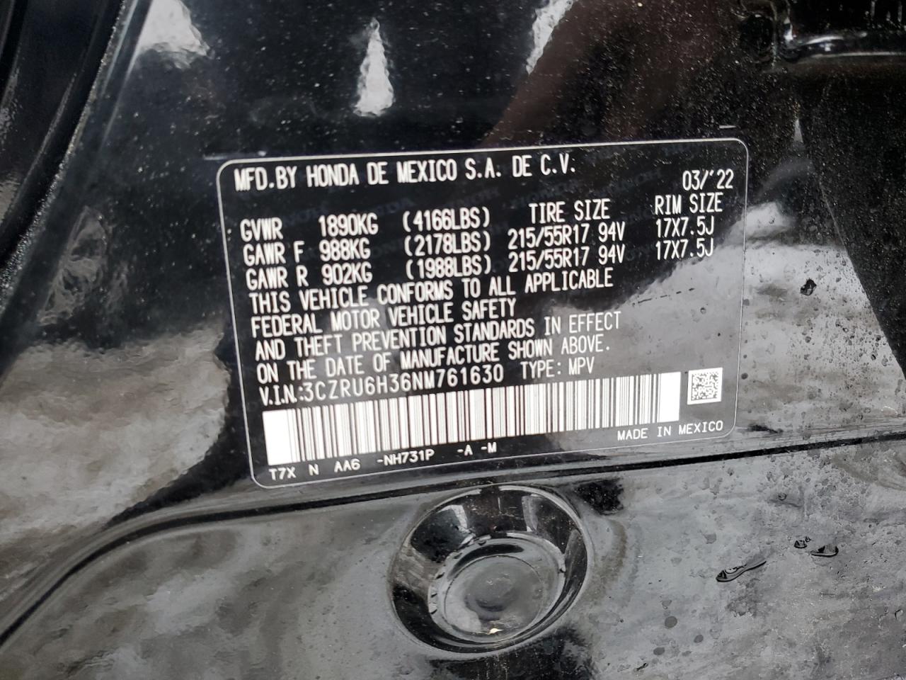2022 HONDA HR-V LX VIN:3CZRU6H36NM761630