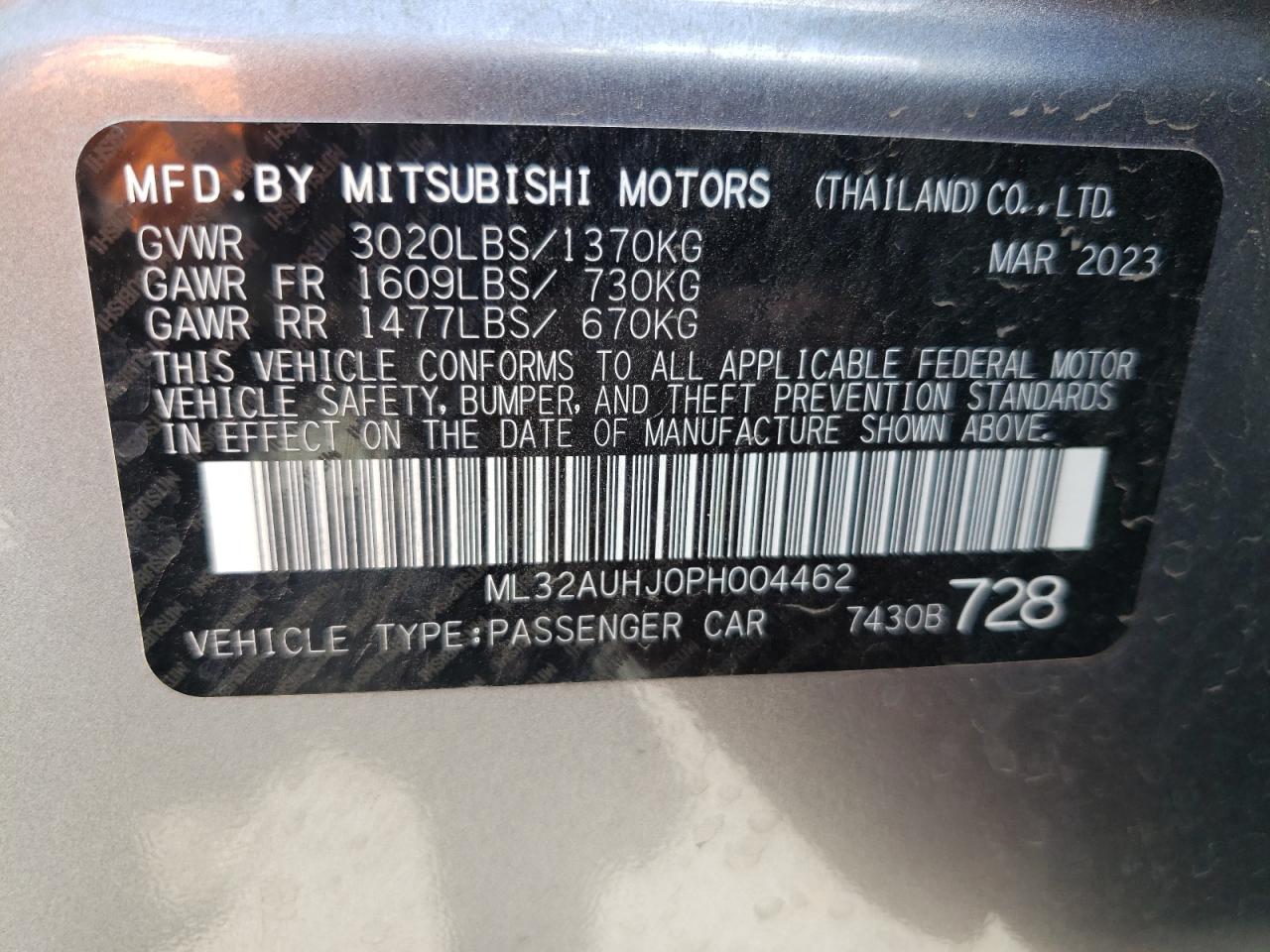 2023 MITSUBISHI MIRAGE ES VIN:ML32AUHJ0PH004462