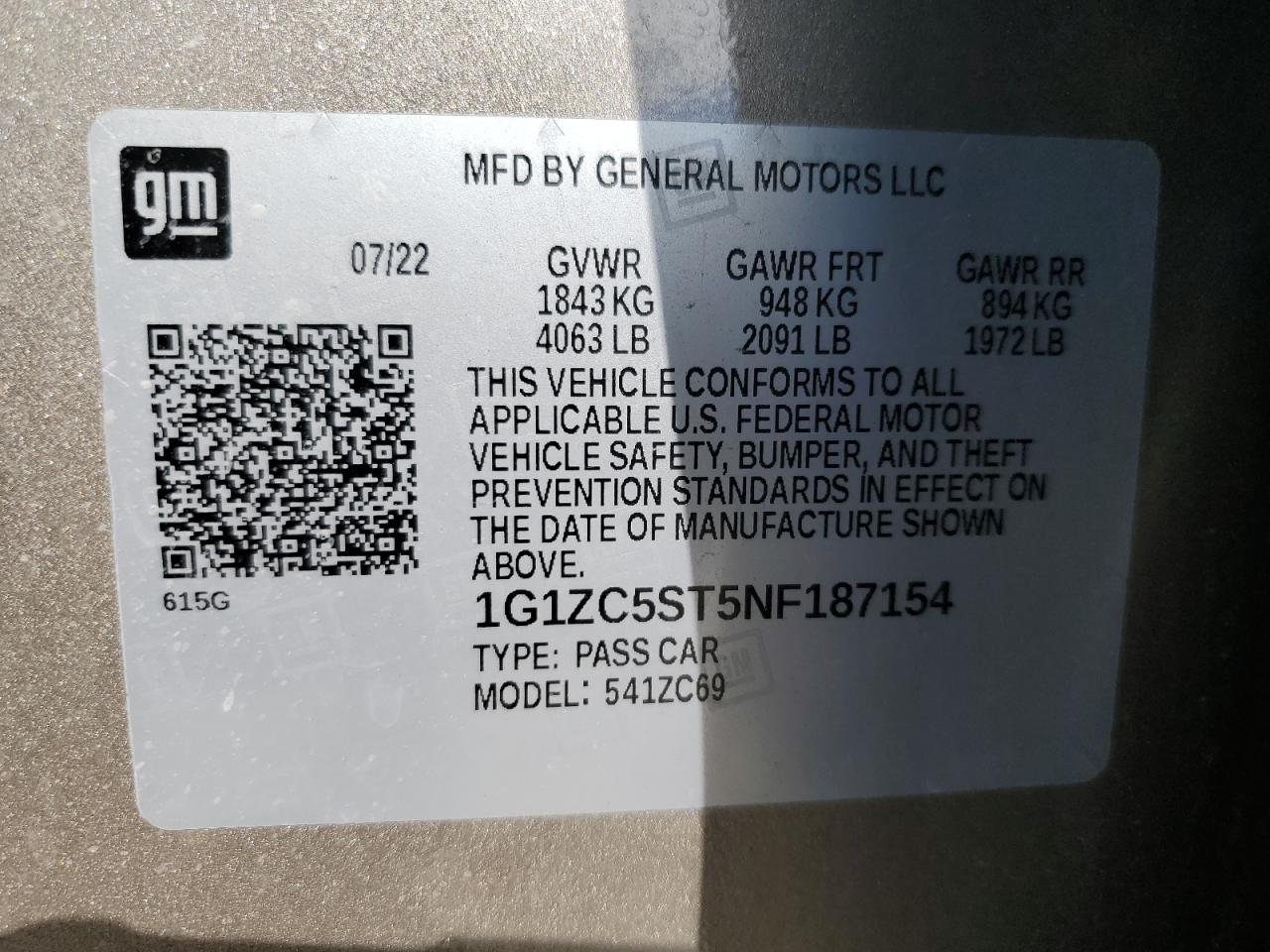 2022 CHEVROLET MALIBU LS VIN:1G1ZC5ST5NF187154